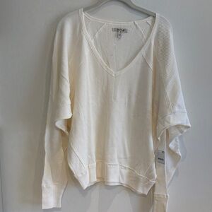 Free People Cream Waffle Knit V-Neck Long Sleeve Tee